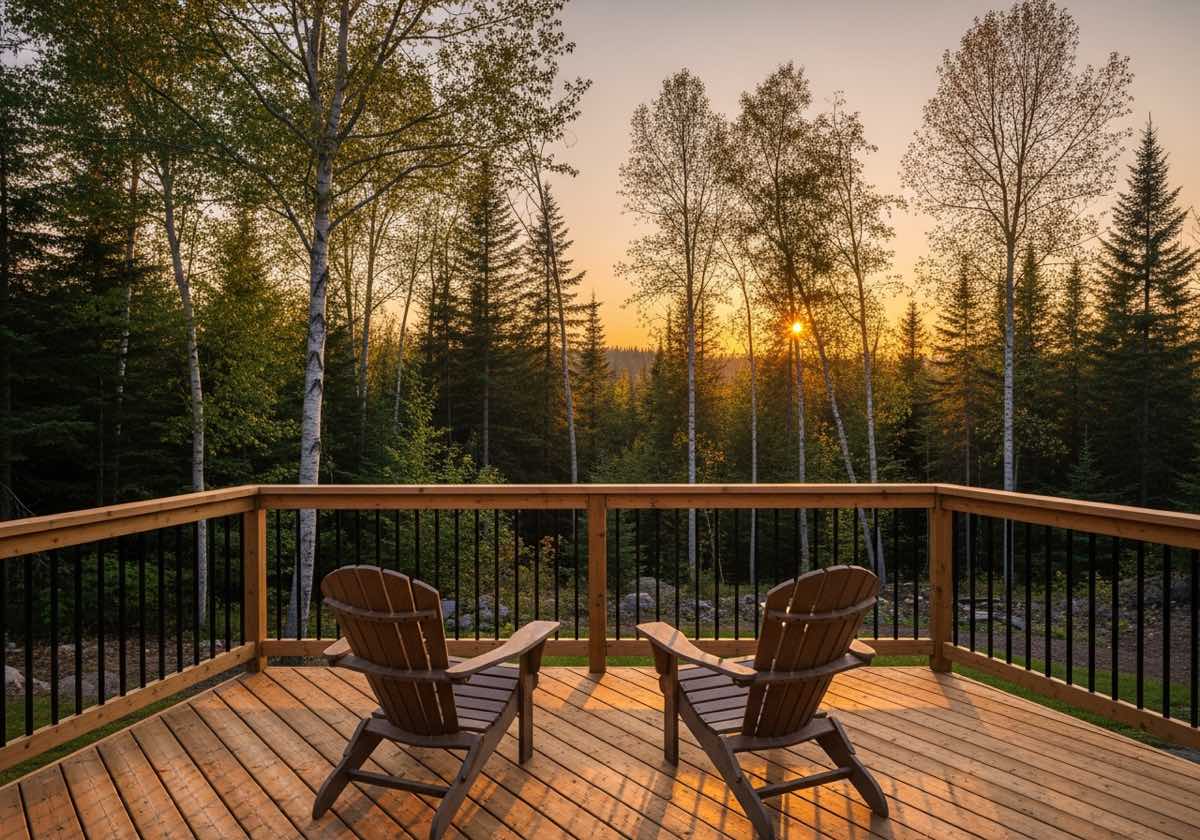 Wooden backyard deck overlooking trees at golden hour