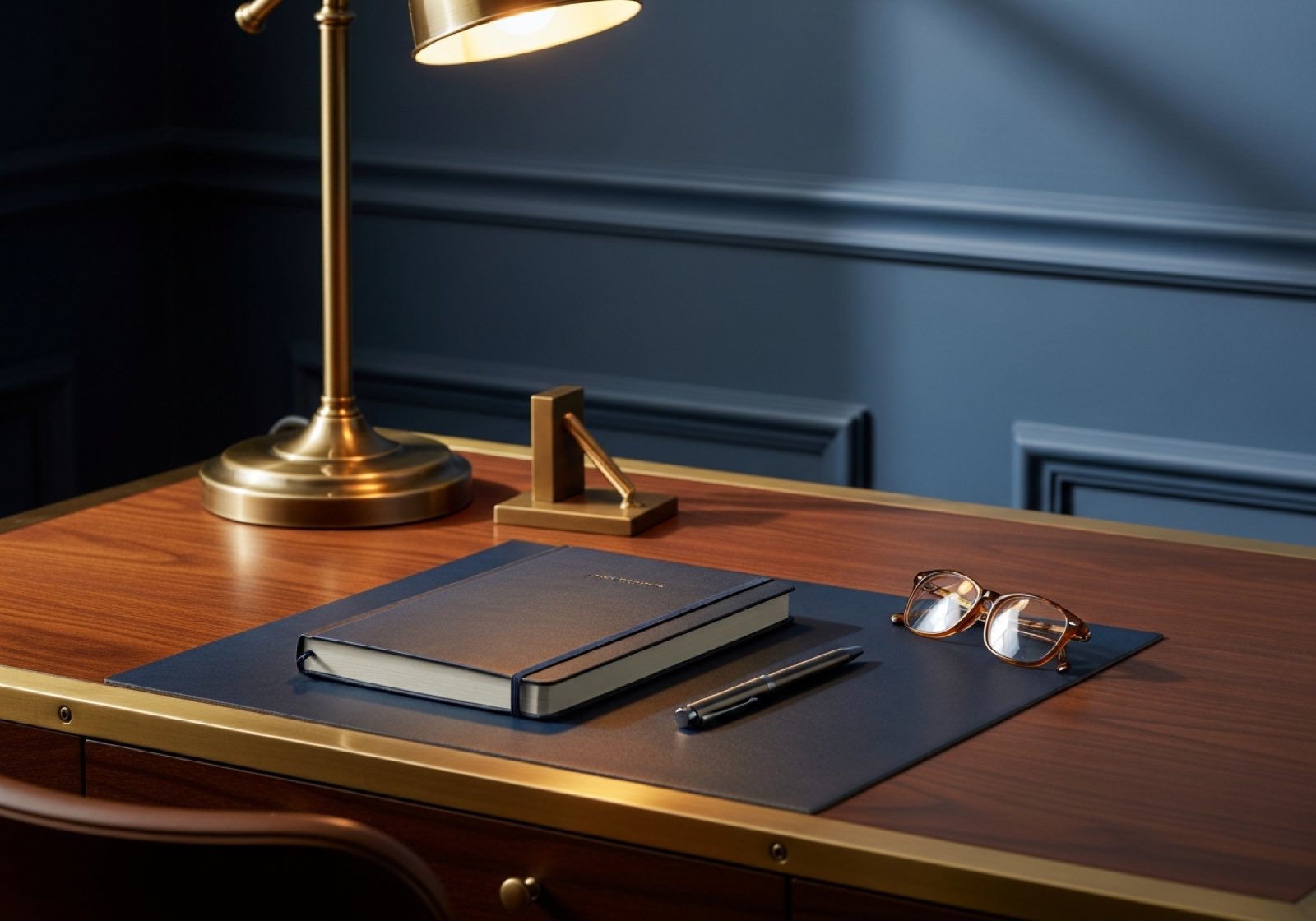 Tidy home office desk with closed notebook, pen, and reading glasses