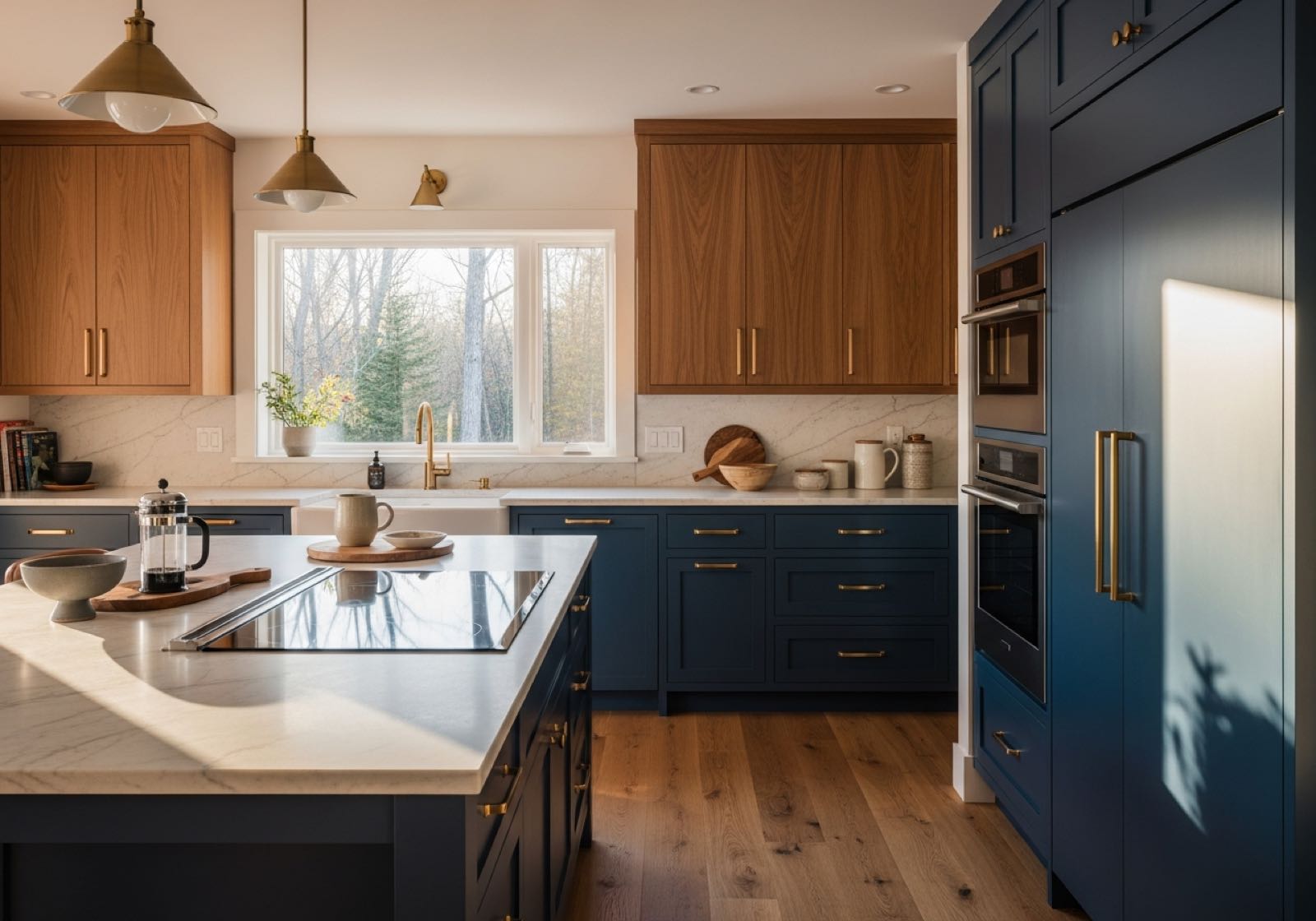 Modern kitchen with navy cabinetry and warm wood tones, morning light