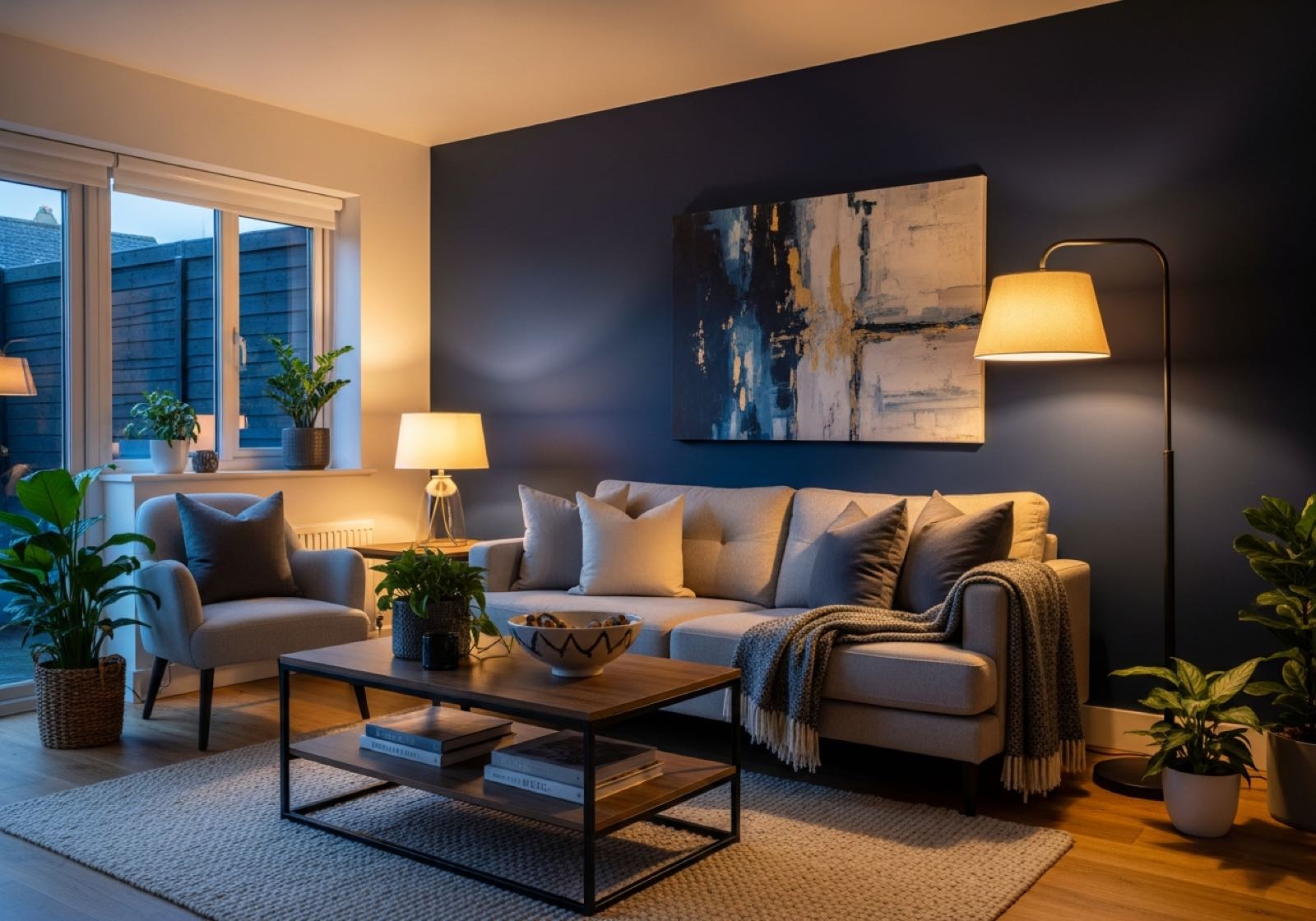 Cozy living room with navy accent wall and warm lamp light