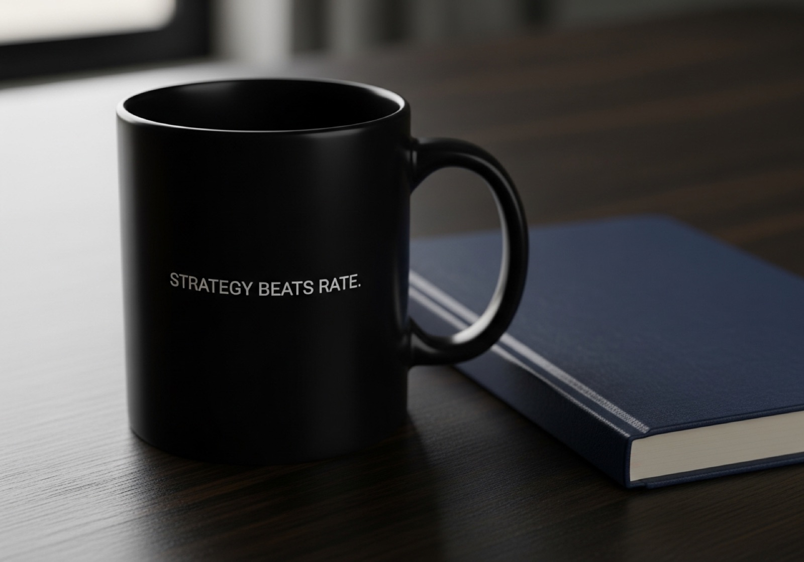 Matte black mug reading STRATEGY BEATS RATE. beside a closed navy notebook on a dark wood desk