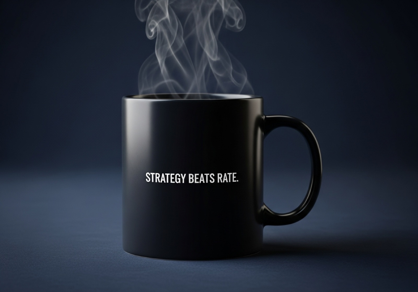 Matte black mug reading STRATEGY BEATS RATE. on a dark navy background